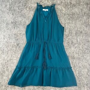 LIKELY Mini Dress Womens 4 Teal Halter V-Neck Ruffle Boho Chic Chiffon Cocktail